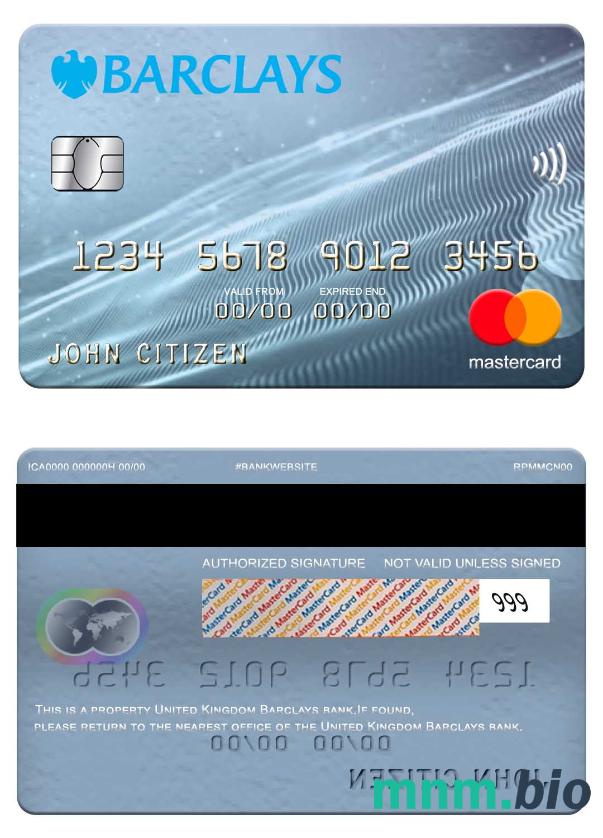 United Kingdom Barclays bank przykład karty mastercard w formacie PSD